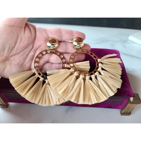 Straw Hoop Dangling Pierced Earrings - Picture 2 of 10